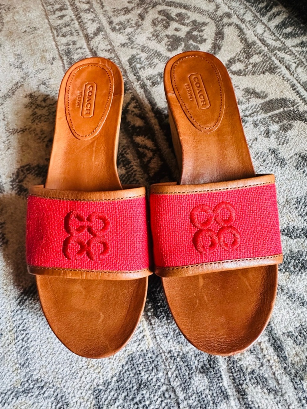 Vintage Coach Red Embroidered Slide Sandals